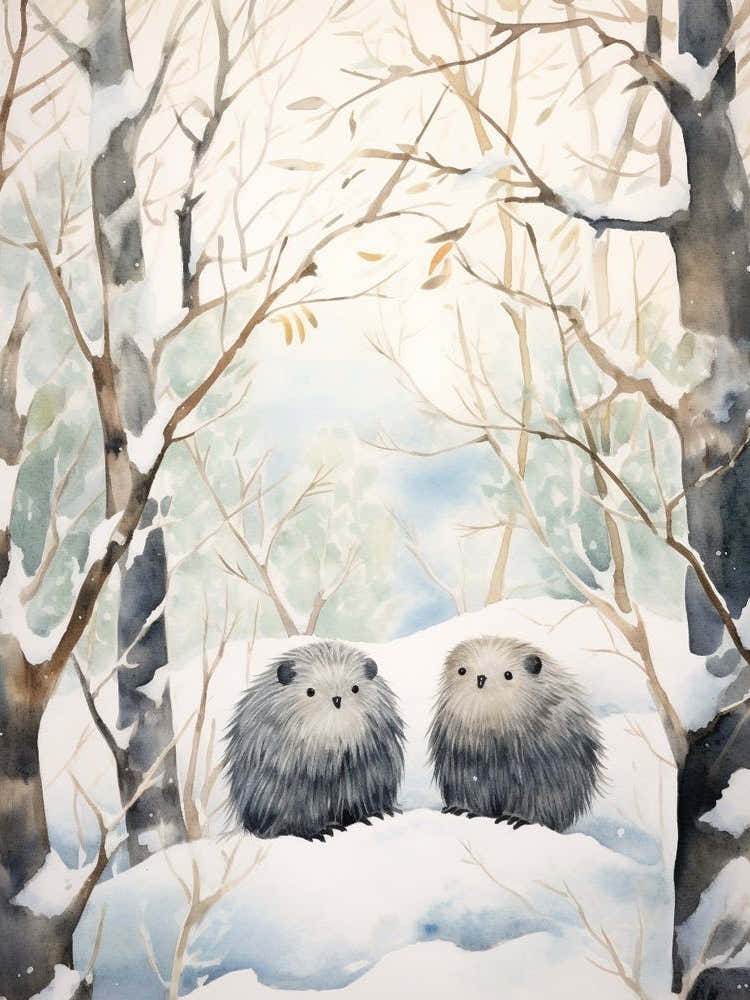 Winter Watercolour Porcupine 2