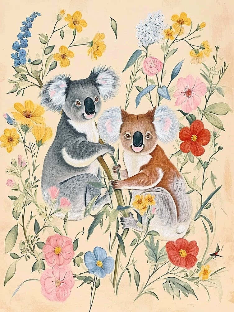 Folksy Floral Animal Drawing Koala