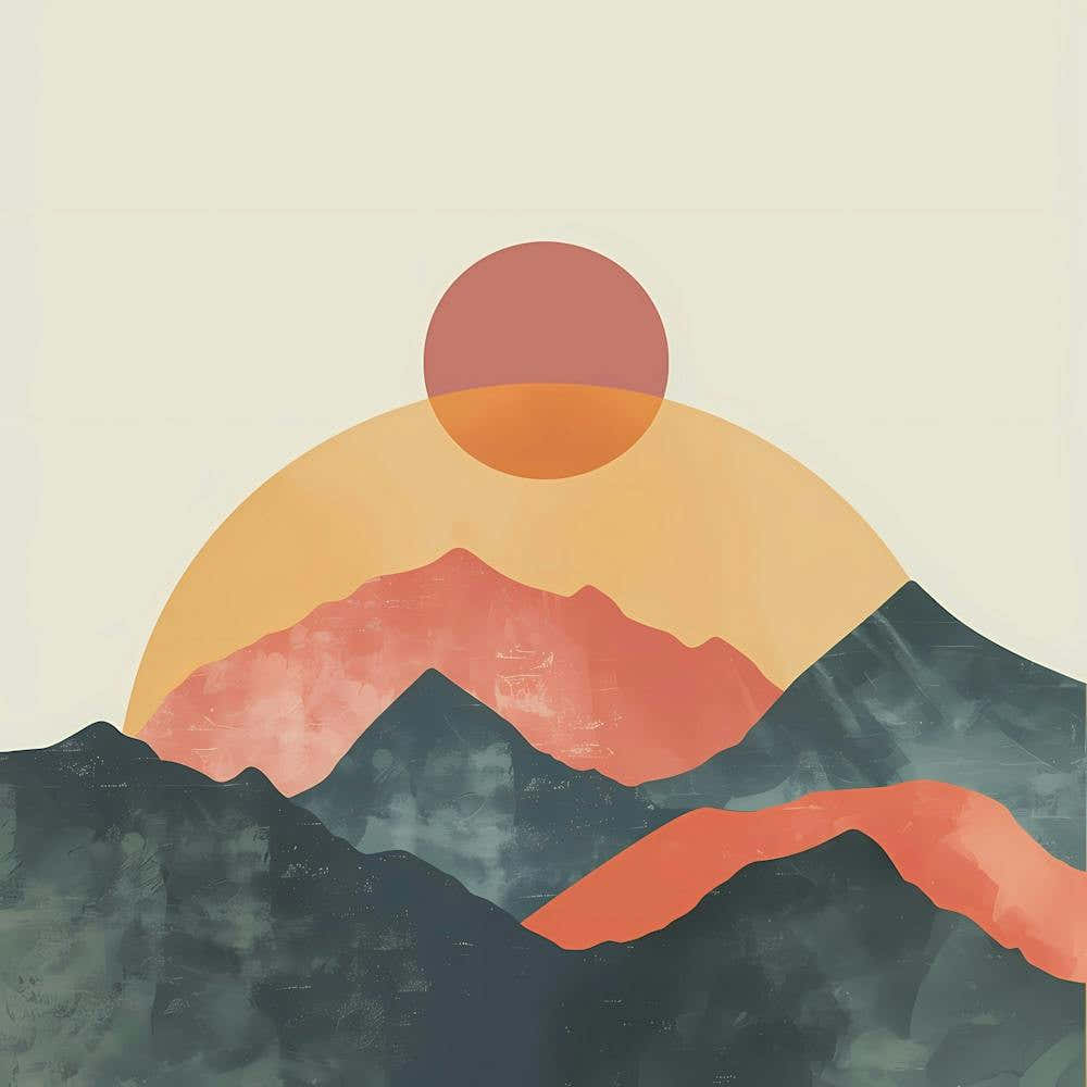 A Hand Drawn Pastel Minimalist Illustration Of A Sunset In The Mountains
