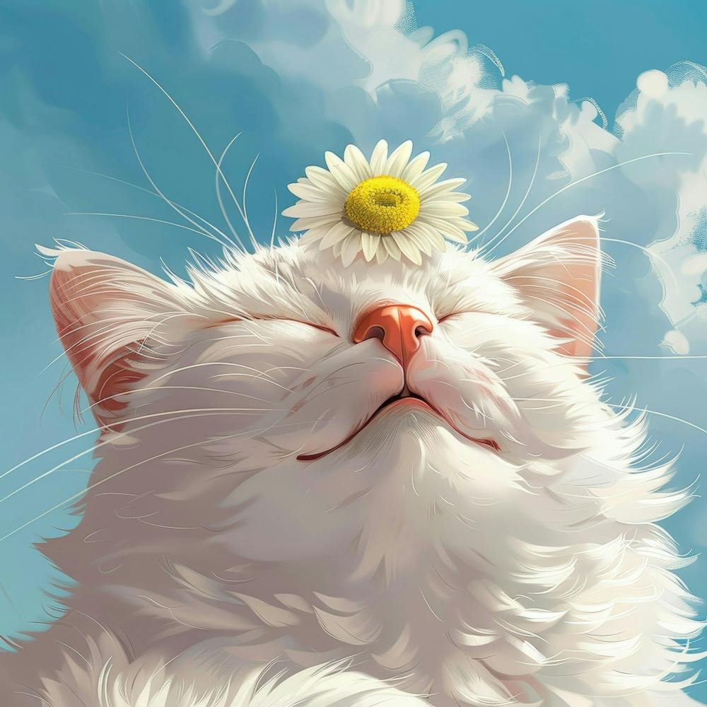 White Cat With Daisy