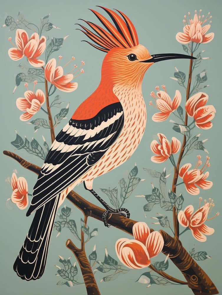 Vintage Bird Linocut Hoopoe 3