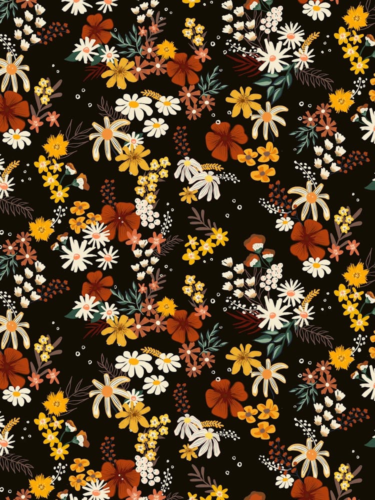 Boho Scattered Mixed Flower Bouquets on Black
