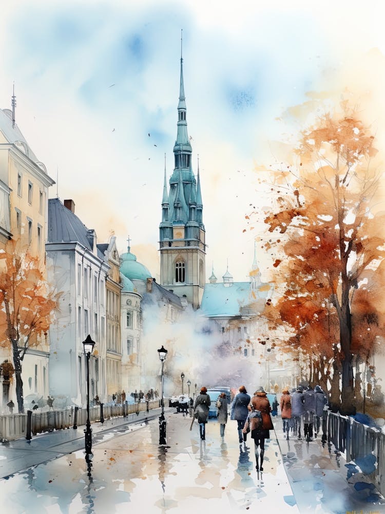 Copenhagen Denmark In Autumn Fall, Watercolour 3
