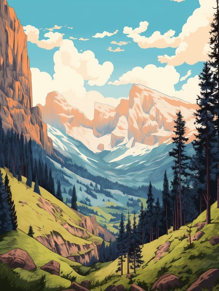 Dolomites Alta Via Italy 1 Vintage Travel Illustration