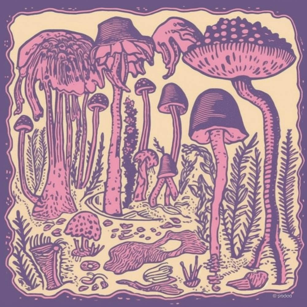 Mushroom Woodcut Purple 2