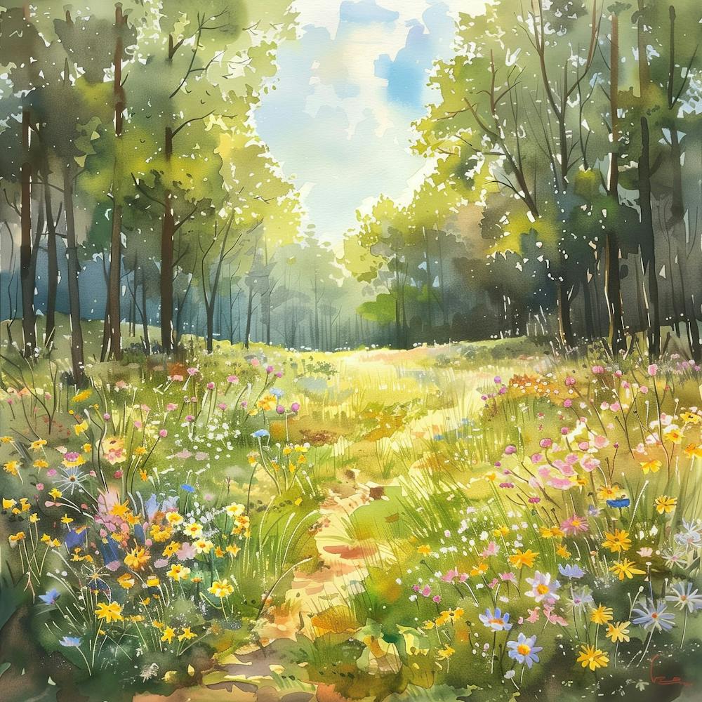 Watercolor Of A Forest Path