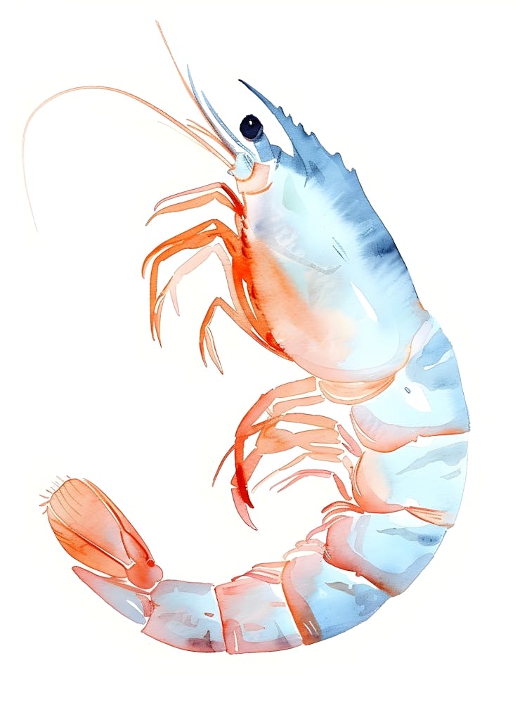 Watercolor Shrimp Isolated On White Background