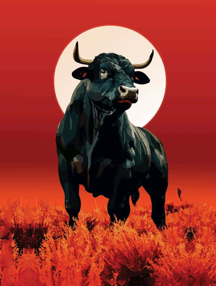 Midnight Fury Majestic Black Bull Under Crimson Moon Wall Art