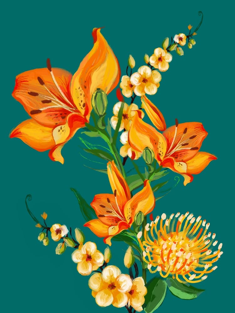 Orange Flowers On Teal