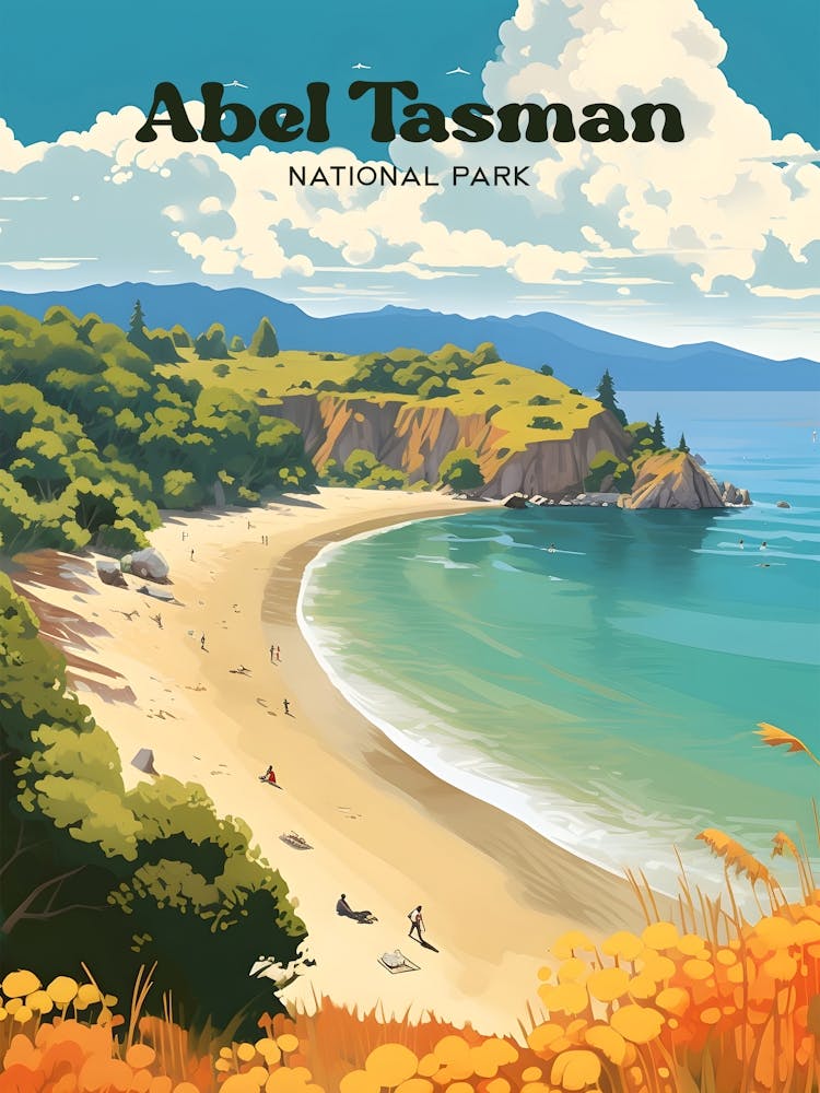 Abel Tasman National Park Beach Poster New Zealand Travel Illustration