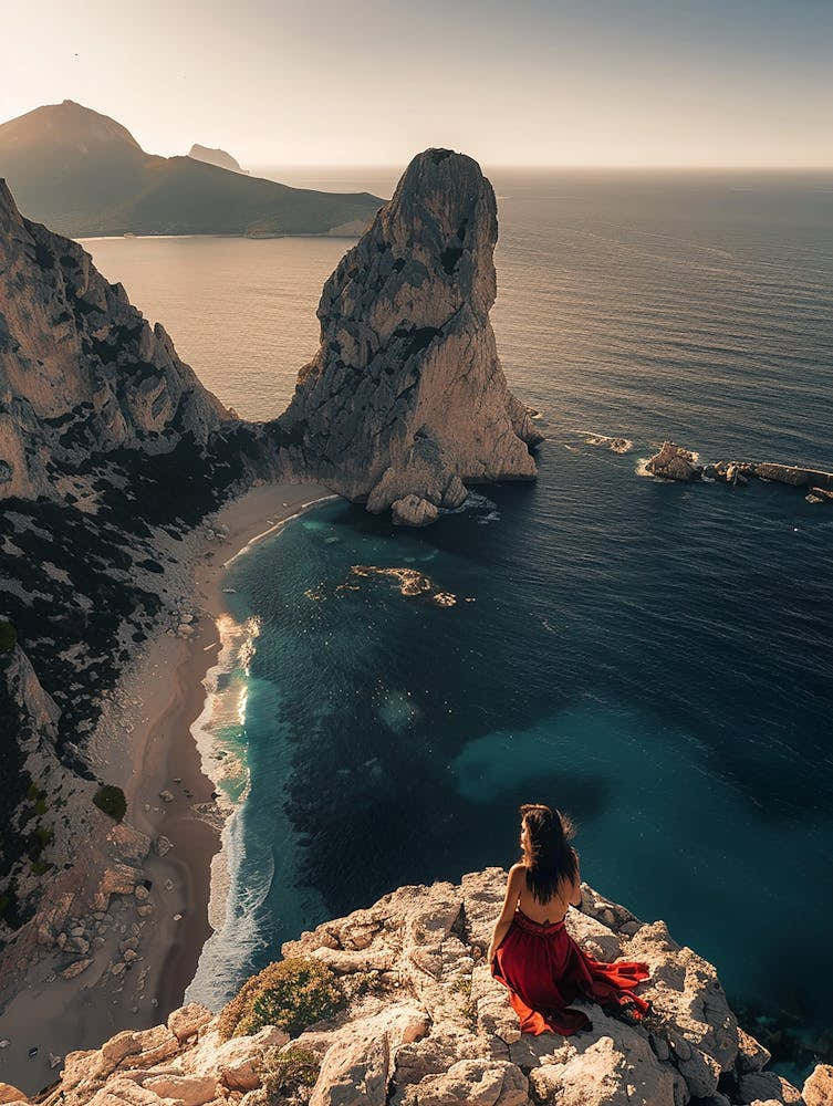 Woman In Red Sitting On Cliff