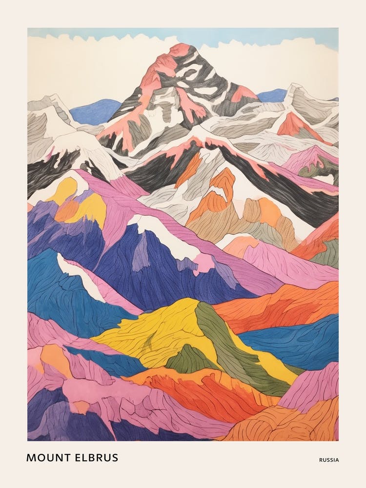 Mount Elbrus Russia 3 Colourful Mountain Illustration Poster