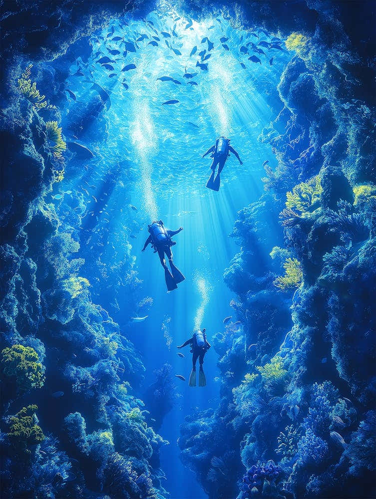 Scuba Divers, Underwater Scene Poster