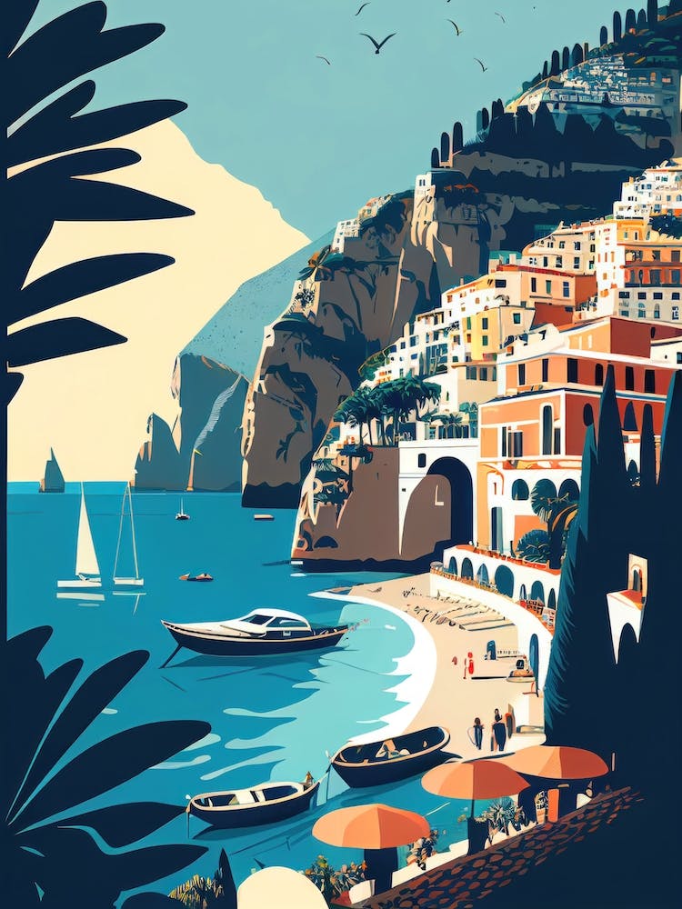 Positano, Amalfi Coast, Italy - Retro Landscape Beach and Coastal Theme Travel Poster