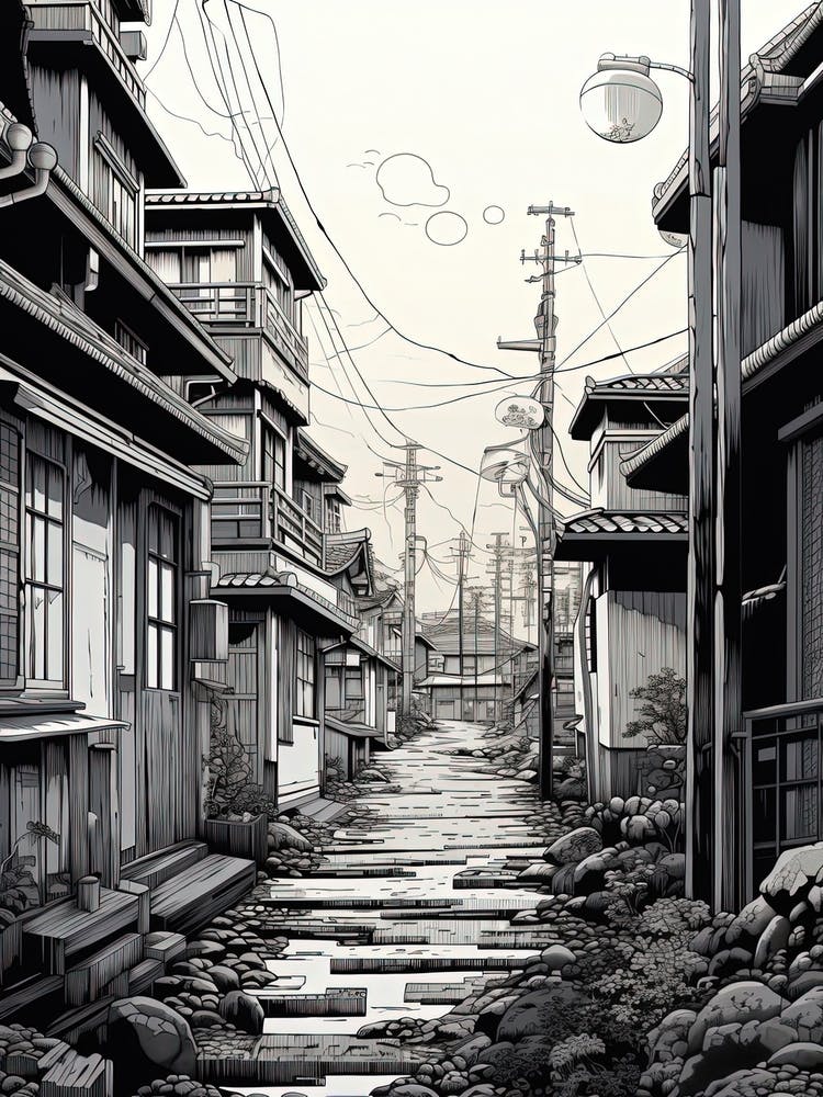 Tokyo In Japan, Ukiyo E Black And White Line Art Drawing 4
