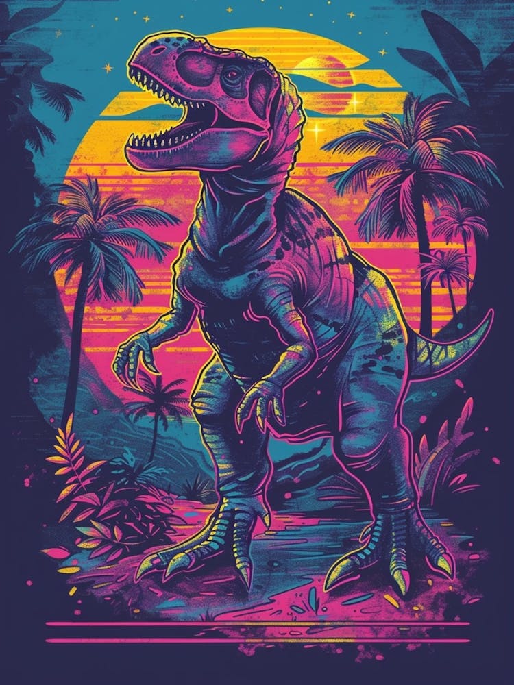 Neon Dinosaur At Night In Jurassic Landscape 2