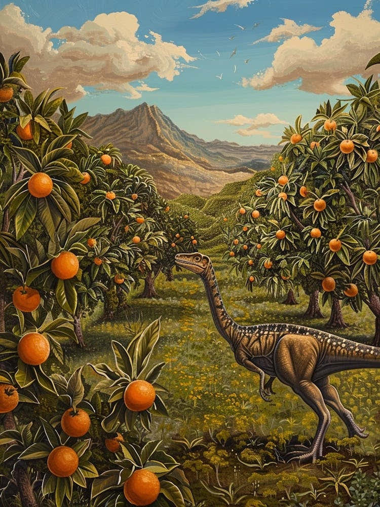 Dinosaur In An Orange Meadow Painting