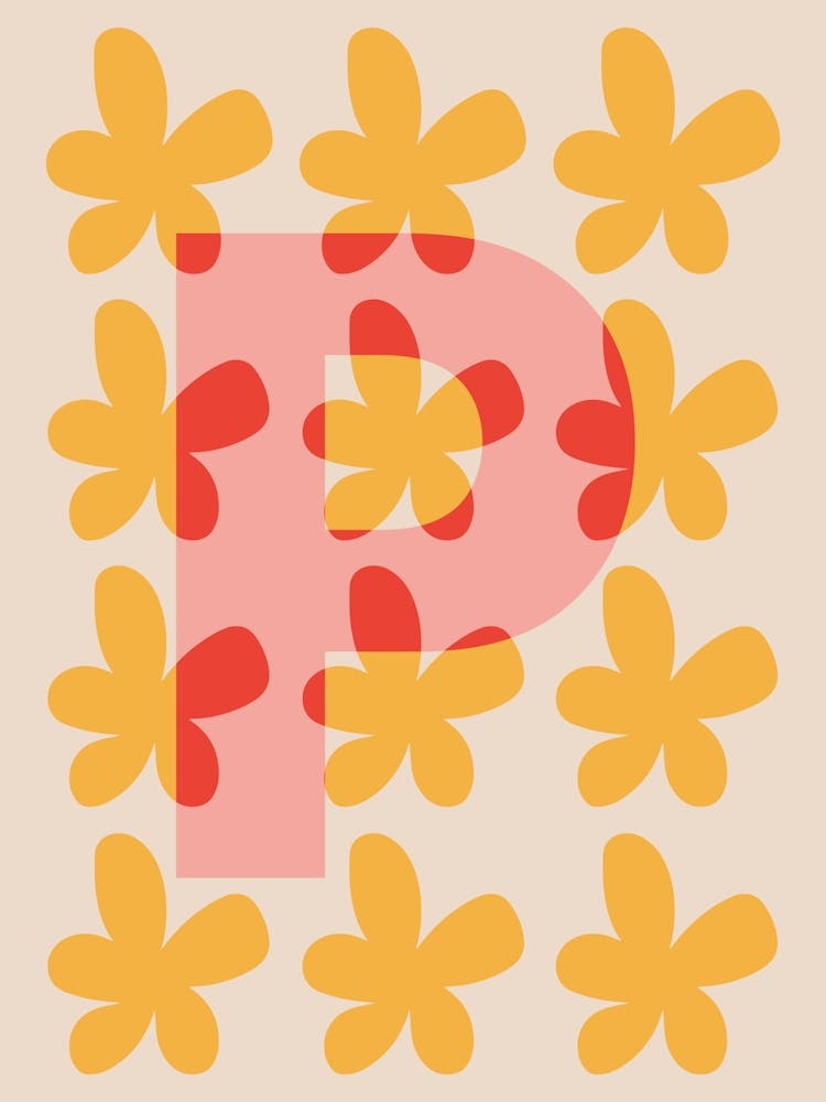 Alphabet Flower Letter P Print - Pink, Yellow, Red