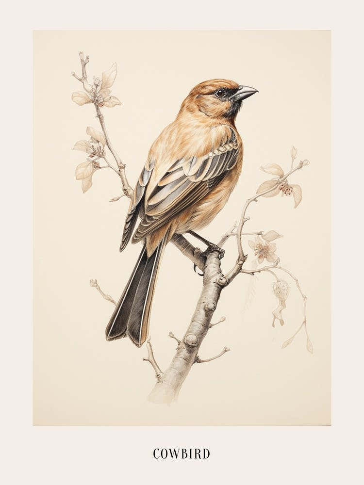 Vintage Bird Drawing Cowbird 1 Poster