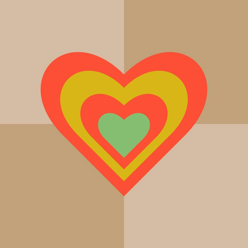LOVE HEARTS CHECKERBOARD Single Retro Alt Valentines in Coral Yellow Green on Cream Beige Geometric Grid