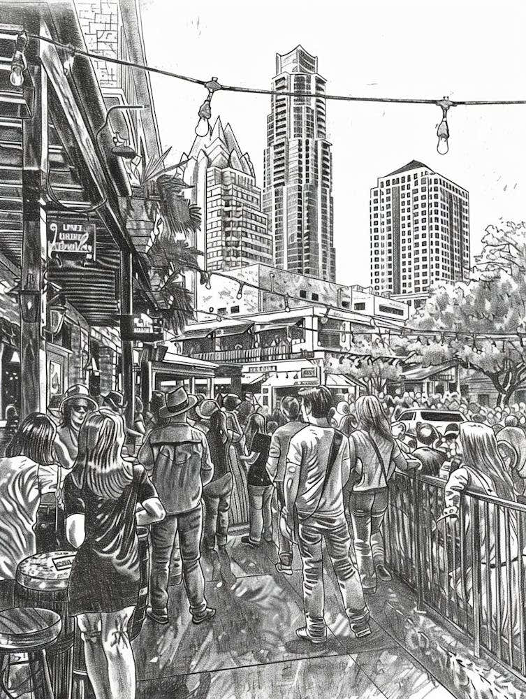 Live Music Scene Austin Texas Black And White Drawing 3