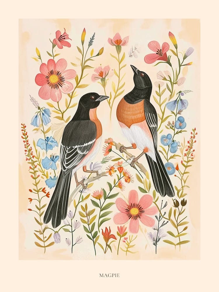 Folksy Floral Animal Drawing Magpie Poster