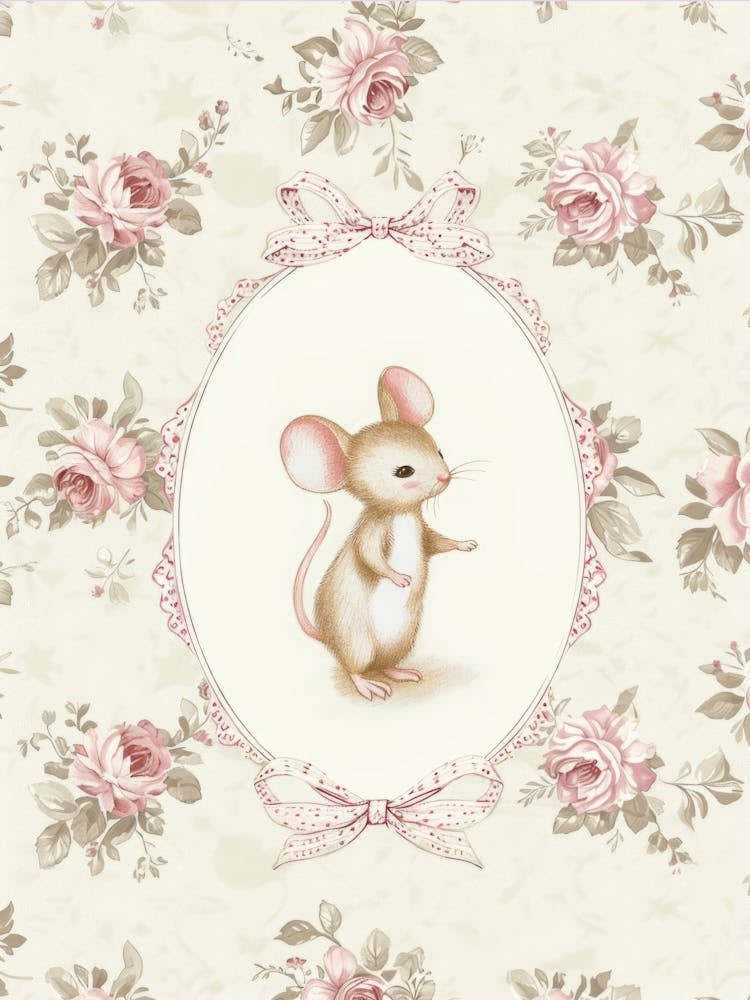 Little Baby Mouse in a Whimsical Frame with Bows and Flowers. Vintage Illustration, Kids Room