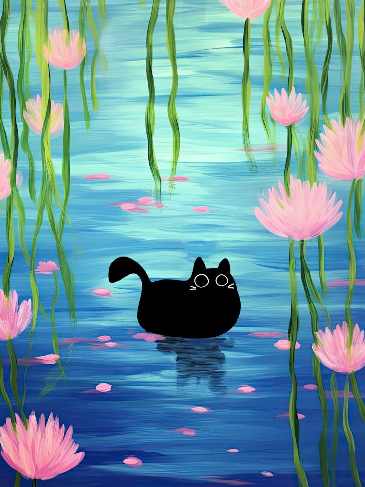 Black Cat In A Pond With Pink Flowers 2