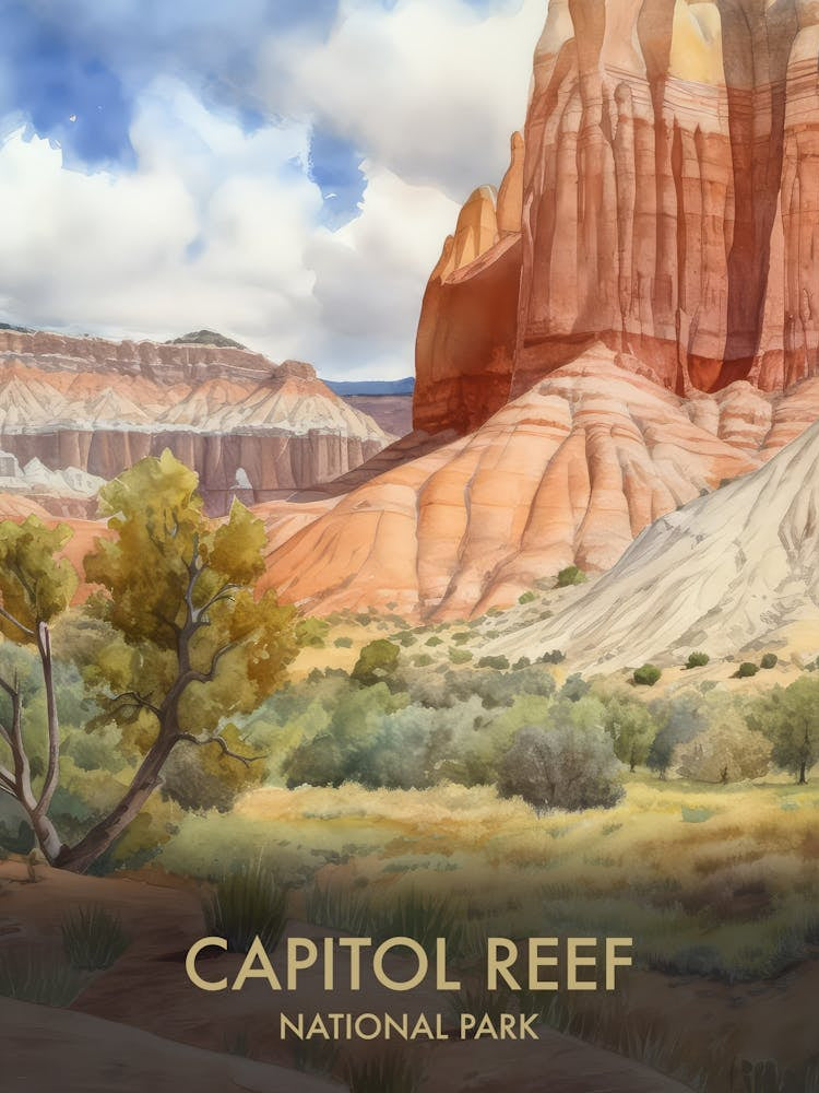 Capitol Reef National Park Watercolour Vintage Travel Poster 1