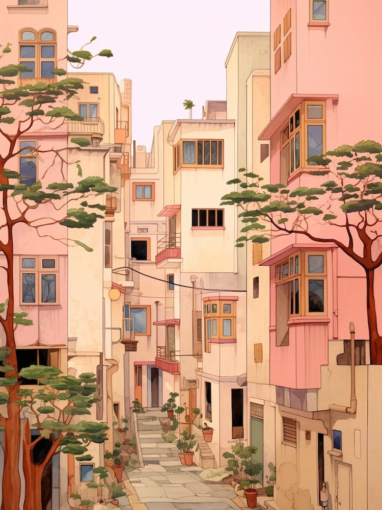Beirut Lebanon 1 Vintage Pink Travel Illustration