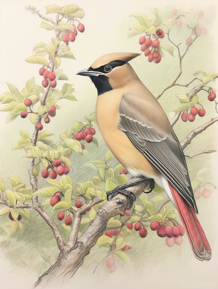 Vintage Bird Drawing Cedar Waxwing 1