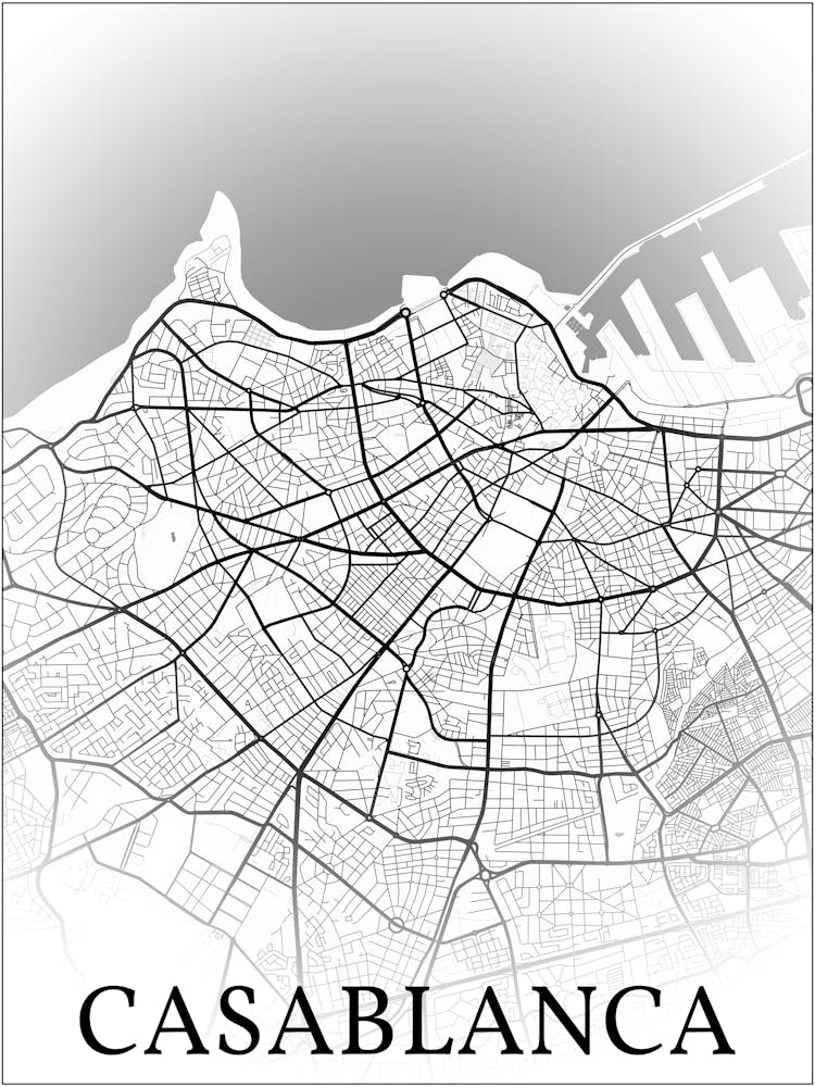 Casablanca, Morocco, City Map, Black And White Fade Design