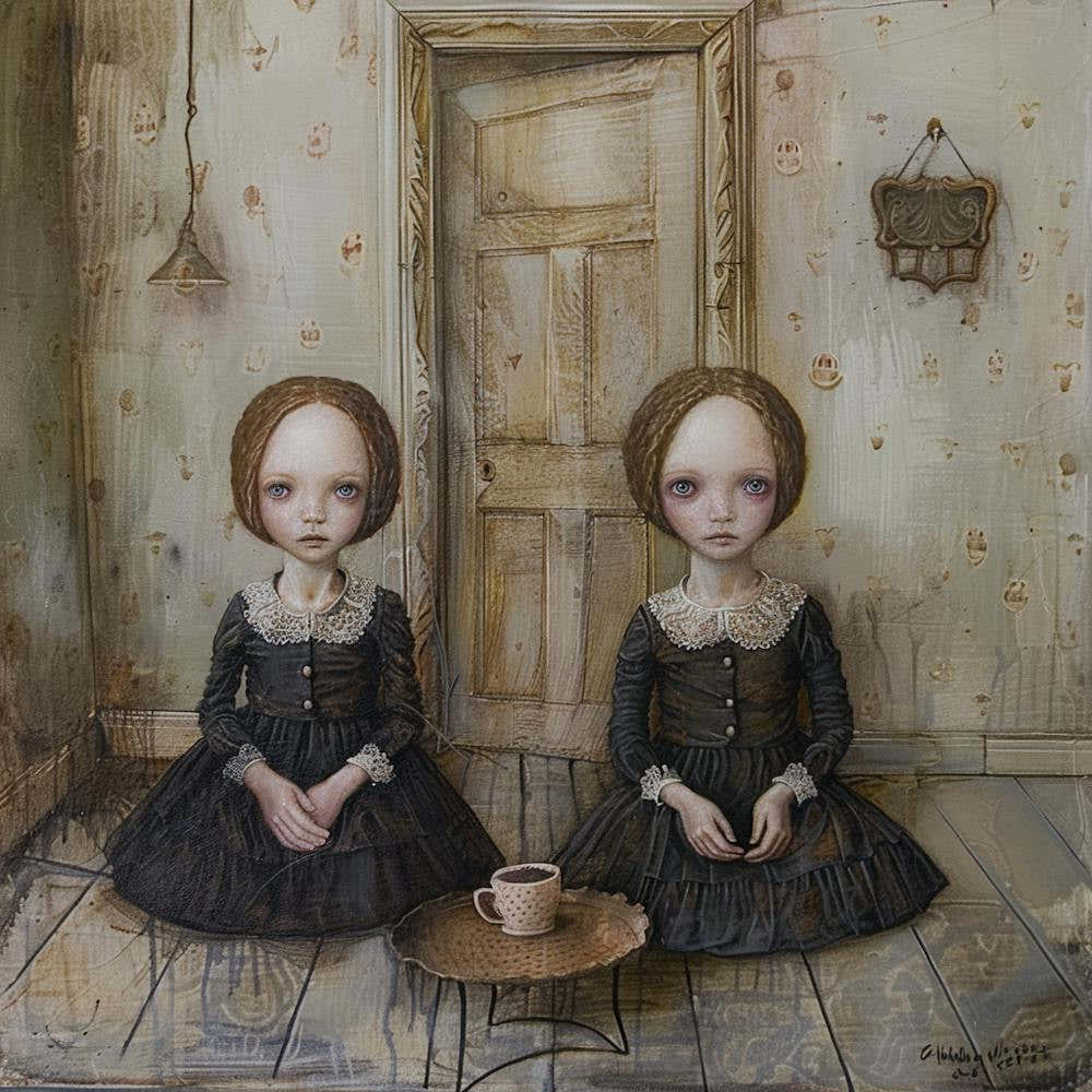 Surreal Painting of Doll's House Sisters.