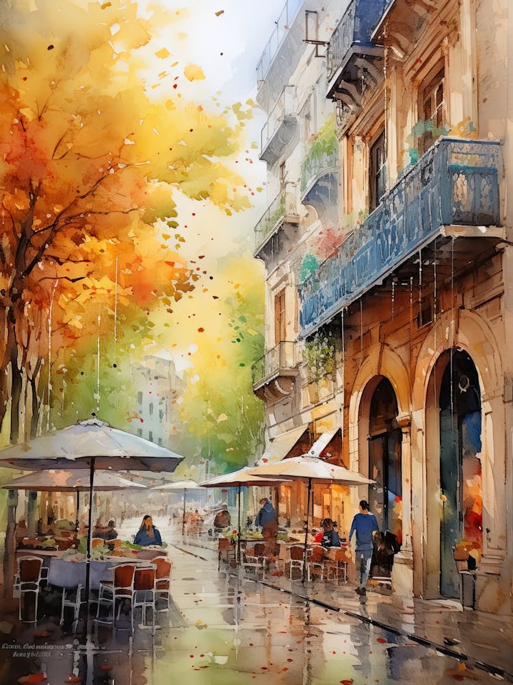 Barcelona Spain In Autumn Fall, Watercolour 1