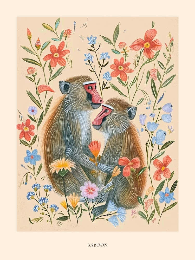 Folksy Floral Animal Drawing Baboon 2 Poster