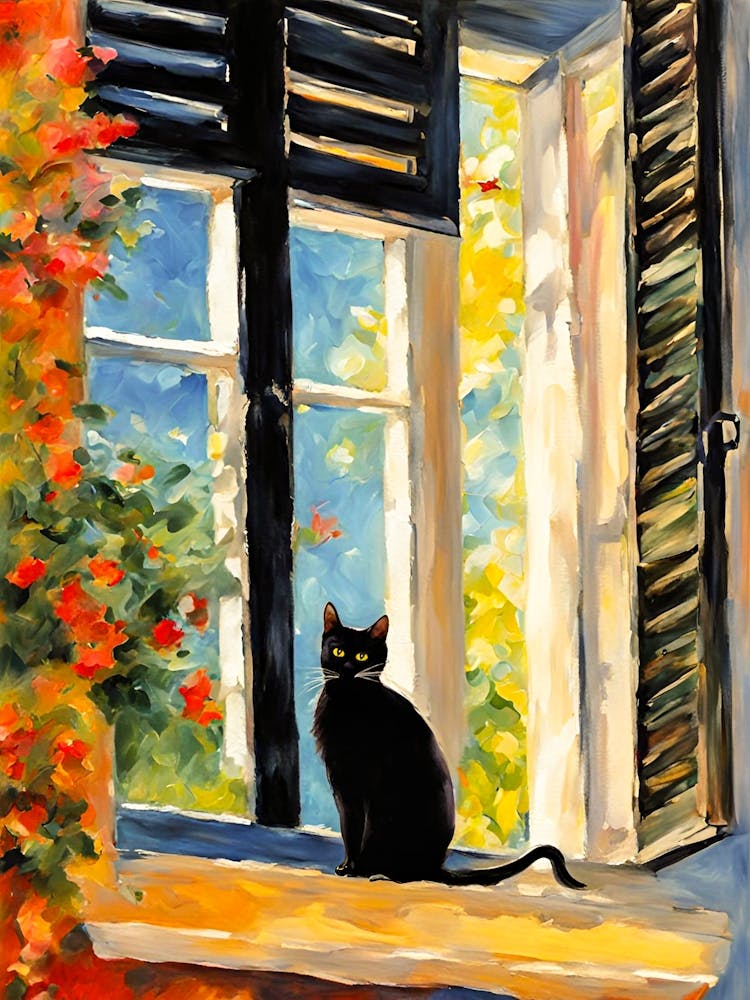Black Cat by an Open Window in Summer, Riviera Impressionism Painting