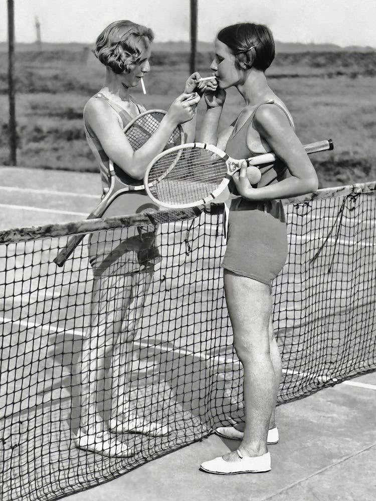 Two Women Playing Tennis Vintage Black and White Photo