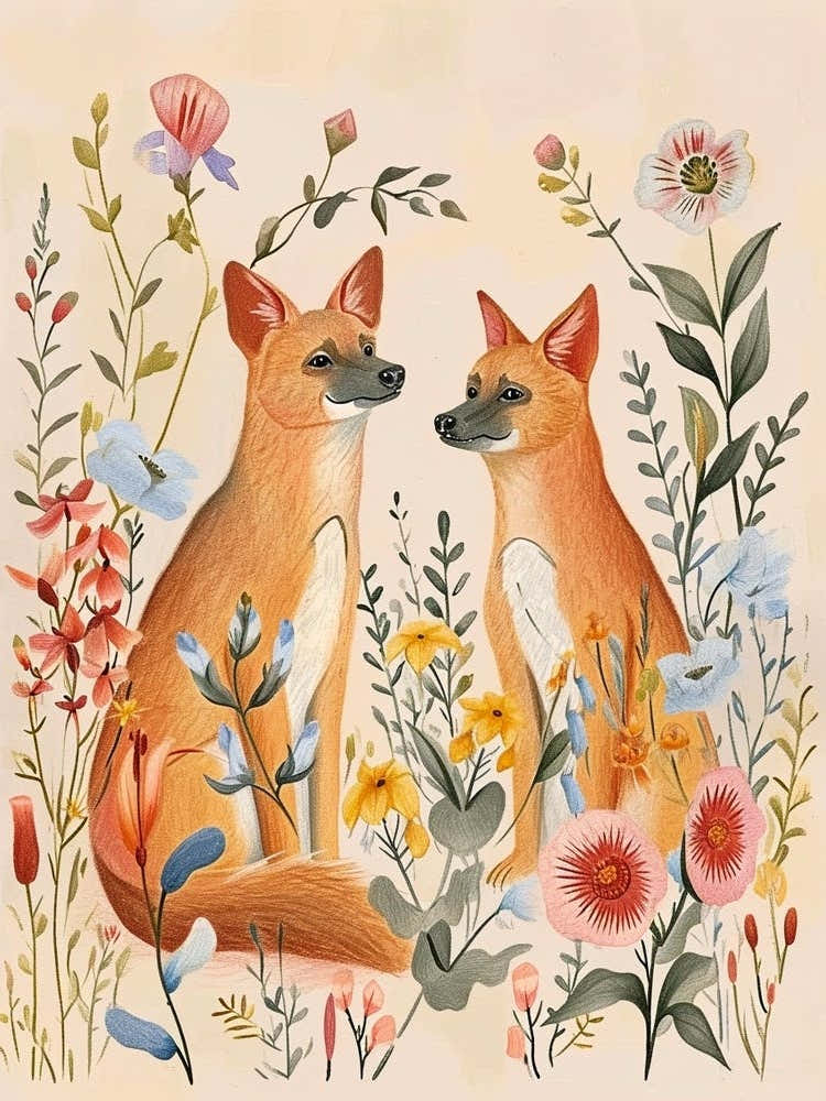 Folksy Floral Animal Drawing Coyote