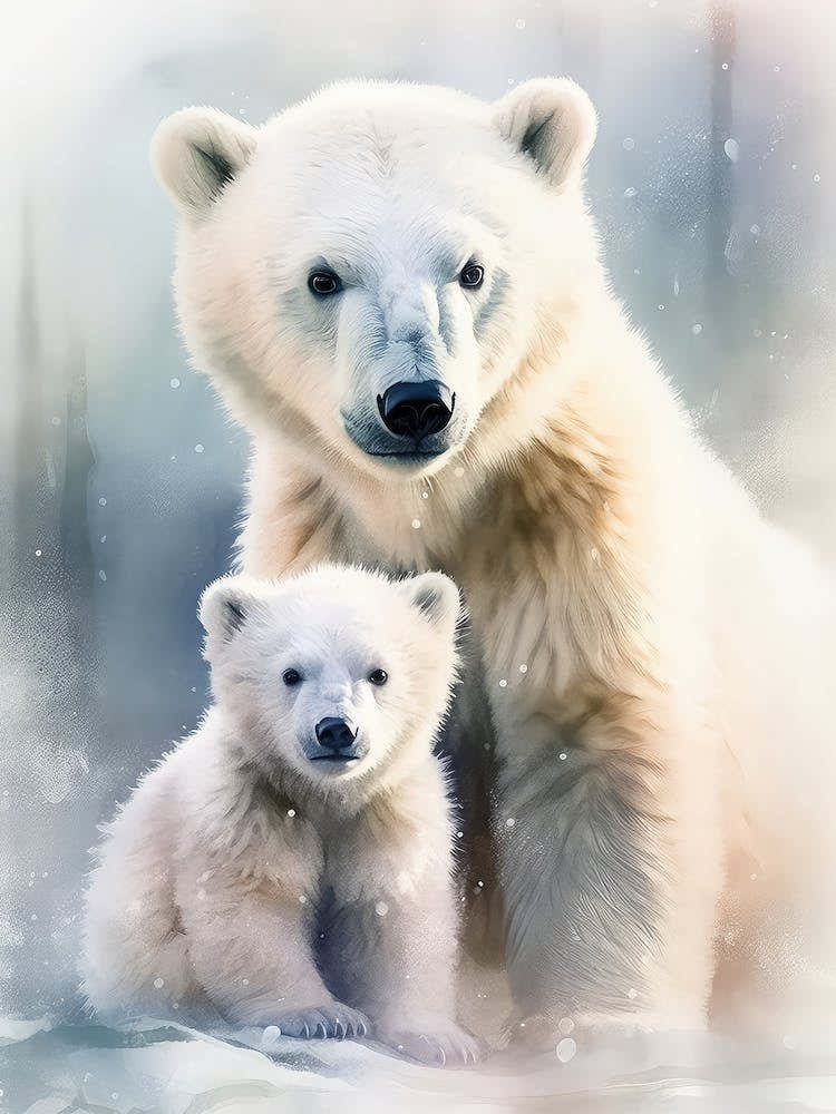 Cub Polar Bear With Mom Watercolor