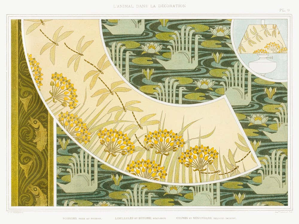 Pisces, Dragonflies And Butome; Swans And Water Lilies From The Animal In The Decoration (1897), Maurice Pillard Verneuil