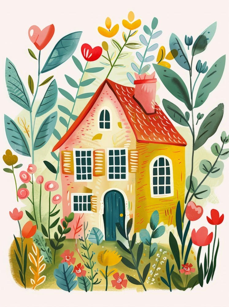 Watercolor House In The Garden