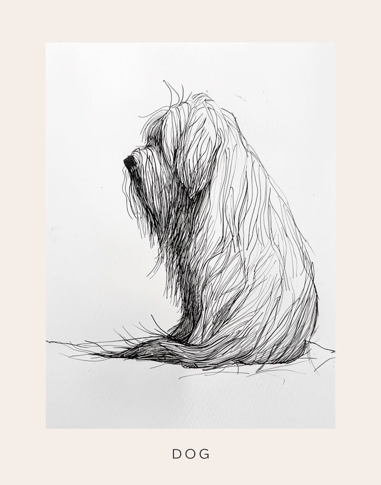 Hairy Dog Black & White Line Sketch Poster
