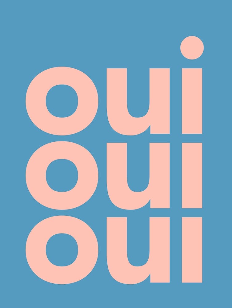 Oui Oui Oui in peach on blue
