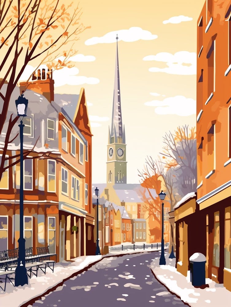 Vintage Winter Travel Illustration Oxford United Kingdom 2
