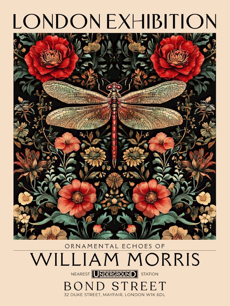 William Morris Dragonfly and floral artwork, insect and flower pattern vintage Botanical print for cottagecore, maximalist decor,floral tapestry Victorian nature illustration bedroom vintage decor 29