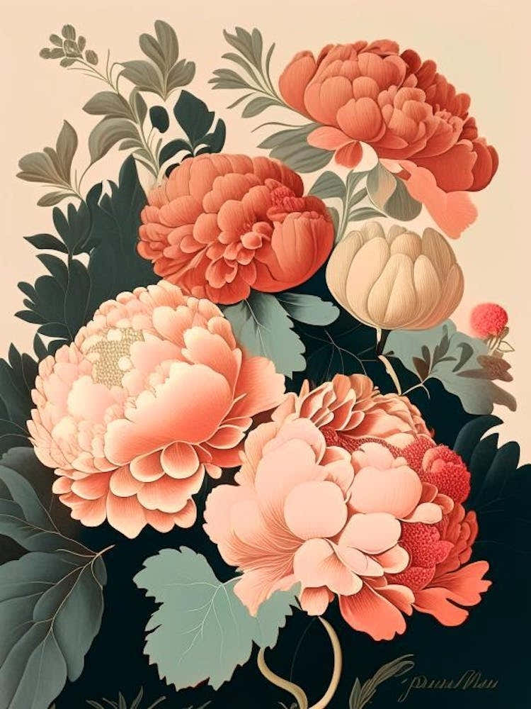 Coral Charm Peonies Vintage 2 Sketch