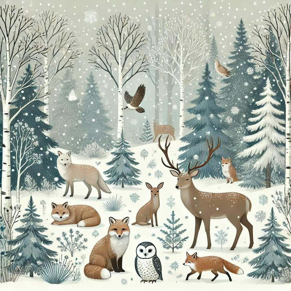 Winter Wildlife In Snowy Forest Printed Art A Serene Illustration Of Winter Wildlife In A Peaceful Snow Covered Forest, Perfect For Bringing The Beauty Of Nature And The Calm Of Winter Into Any Sp