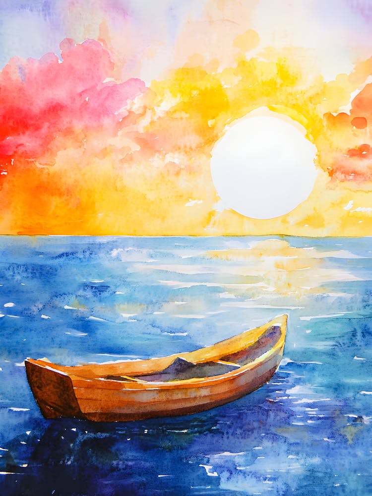 Watercolor Sunrise At Sea – Barco En El Océano – Vibrant Coastal Wall Art