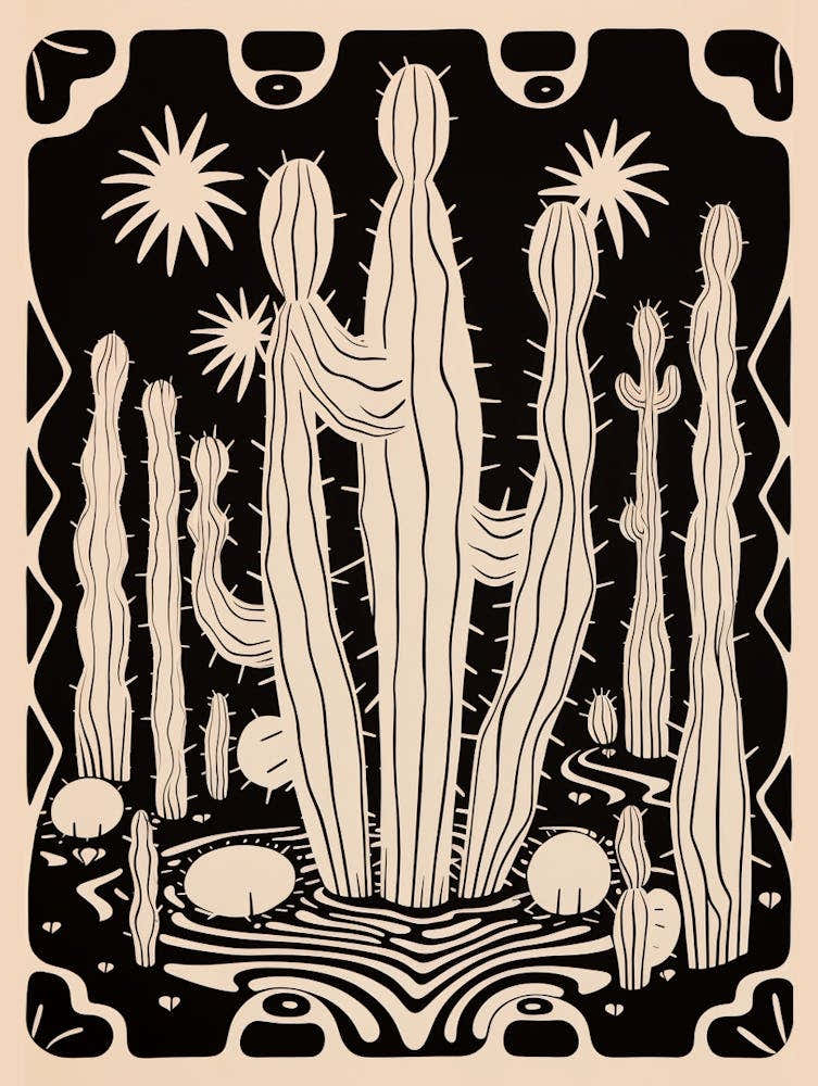 B&W Cactus Illustration Fishhook Cactus 1