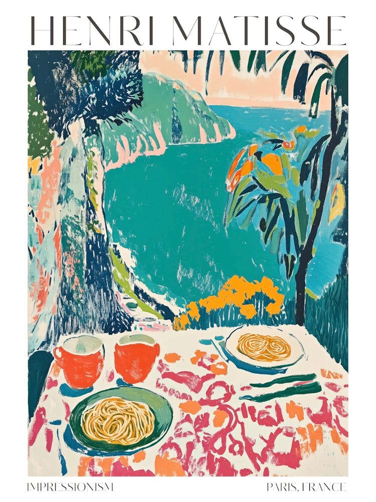 Henri Matisse Impressionism Dining Scene Pasta Food Wine Colorful French Decor Vintage